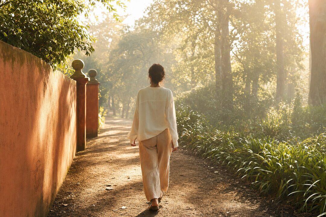 A person walking a peaceful tree-lined path in soft morning light, a sense of renewal in recovery